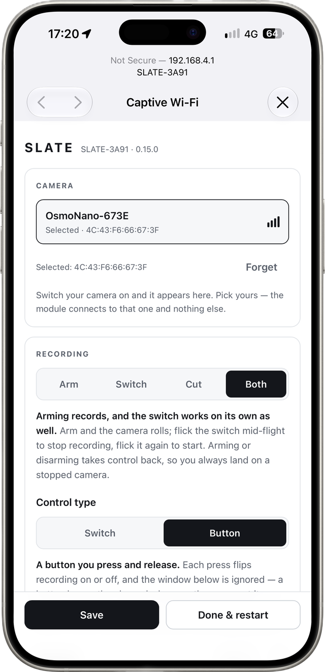 The settings page on a phone: the camera picked from a live list, the recording trigger set to Both, the control type set to Button, and Save and Done & restart at the bottom.